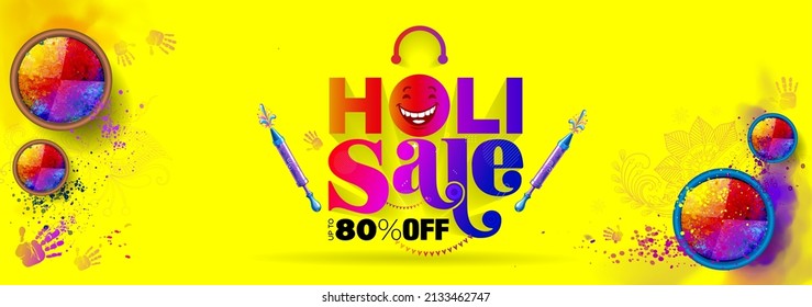 Retail Sale discount deals promotional offer logo banner design for Holi Festival with shopping bag, color powder pot and text Holi sale