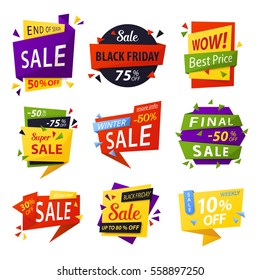 Retail sale tag for black friday price discount. Advertising sticker for sale promotion or announcement, sell badges for retail promo or clearance trading. Shop and store, supermarket theme