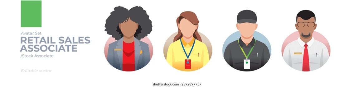 Retail sales Associate worker picture avatar icons. Illustration of men and women wearing office clothes with ID card