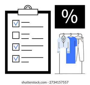 Vendas a retalho, descontos, planeamento, gestão de tarefas, compras, organização de vestuário. Uma lista de verificação com marcas de verificação, um sinal de porcentagem e roupas penduradas. Conceito de planejamento de vendas e descontos no varejo