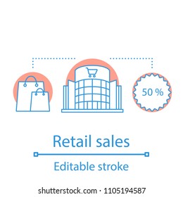 Retail sales linear icon. Shopping center idea thin line illustration. Discounts. Doing purchases. Vector isolated outline drawing. Editable stroke