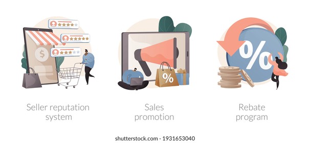 Retail sales strategy abstract concept vector illustration set. Seller reputation system, sales promotion, rebate program, advertising campaign, top rated product, discount coupon abstract metaphor.