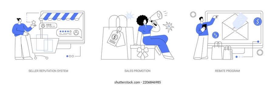 Retail sales strategy abstract concept vector illustration set. Seller reputation system, sales promotion, rebate program, advertising campaign, top rated product, discount coupon abstract metaphor.