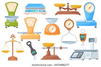 Retail scales. Digital scale and mechanical weighed, seesaw balance food weighing laboratory store mechanism vintage libra precision instrument cartoon neat vector illustration of scale measurement