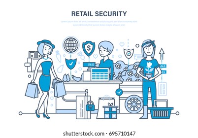 Seguridad comercial. Compras, sistema de pedidos en línea de seguridad de productos, seguridad de transacciones y protección de pagos, asistencia técnica. Ilustración de diseño de línea delgada de los doodles vectoriales