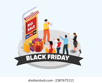 Retail seller holds megaphone refers people to shop on Black Friday Big Sale Holiday Shopping isometric 3d vector illustration concept for banner, website, landing page, flyer, greeting card, etc