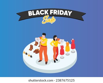 Retail Sellers hold megaphone refers people to shop on Black Friday Big Sale Holiday Shopping isometric 3d vector illustration concept for banner, website, landing page, flyer, etc