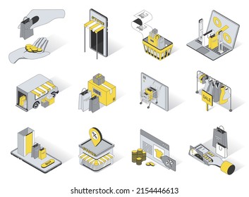 Retail service concept 3d isometric icons set. Pack elements of shopping, purchase, paying, store, discount, sale, bag, clothes, boutique and other. Vector illustration in modern isometry design