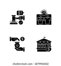 Retail services black glyph icons set on white space. Auction, second hand store, handicraft market and fete silhouette symbols. Public trading events, and sales. Vector isolated illustrations