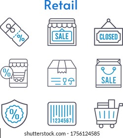 retail set. included online shop, shopping bag, shop, package, shopping cart, discount, closed, warranty, barcode icons. bicolor styles.