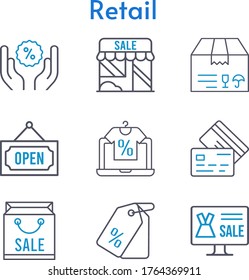 retail set. included online shop, shopping bag, shop, package, price tag, discount, credit card, open icons. bicolor styles.