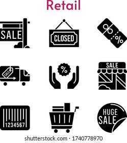 retail set. included sale, shop, shopping cart, closed, discount, delivery truck, barcode icons. filled styles.