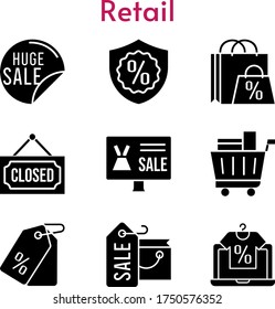 retail set. included shopping bag, online shop, sale, price tag, shopping cart, warranty, closed icons. filled styles.