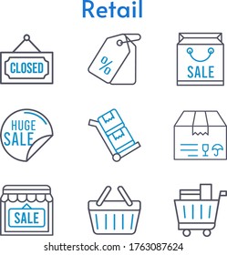 retail set. included shopping bag, sale, package, shop, price tag, shopping cart, closed, shopping-basket, trolley icons. bicolor styles.