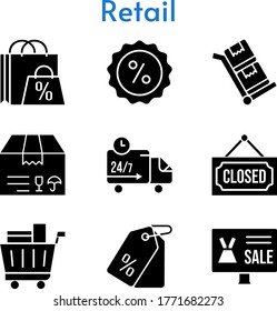 retail set. included shopping bag, online shop, package, price tag, shopping cart, discount, closed, delivery truck, trolley icons. filled styles.