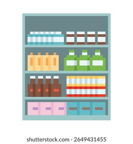 Retail shelf with products in packs, bottles, 8-bit gaming interface. Shelf for sale and storage in supermarket and store. Arcade. Retro pixel icon. Vector illustration. Isolated background.