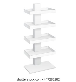 Retail Shelves Floor Display Rack For Supermarket Blank Empty Displays With Banner Products Mock Up. 3D On White Background Isolated. Ready For Your Design. Product Advertising. Vector EPS10