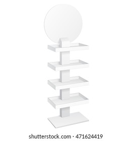 Retail Shelves Floor Display Rack For Supermarket Blank Empty Displays With Banner Products Mock Up. 3D On White Background Isolated. Ready For Your Design. Product Advertising. Vector EPS10