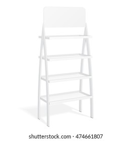 Retail Shelves Floor Display Rack For Supermarket Blank Empty Displays With Banner Products Mock Up. 3D On White Background Isolated. Ready For Your Design. Product Advertising. Vector EPS10