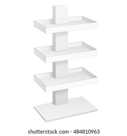 Retail Shelves Floor Display Rack For Supermarket Blank Empty Displays. Mock Up. 3D On White Background Isolated. Ready For Your Design. Product Advertising. Vector EPS10