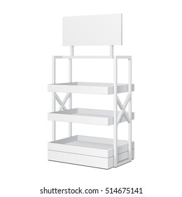 Bandeja De Pantalla De Piso Para Estantes Comerciales Para Pantallas Vacías En Blanco De Supermercado Con Maqueta De Pancarta. 3D En Fondo Blanco Aislado. Listo Para Su Diseño. Publicidad de producto. Vector EPS10