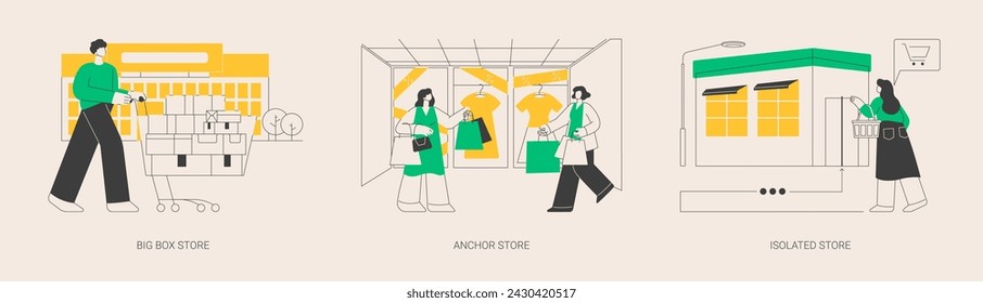 Retail shop abstract concept vector illustration set. Big box, anchor and isolated store, superstore, shopping center, department store, big retailer, fashion outlet, customer abstract metaphor.