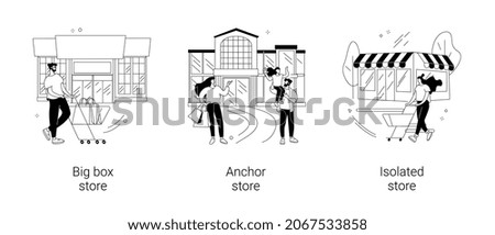 Retail shop abstract concept vector illustration set. Big box discounter, anchor and isolated store, shopping center, attract customers, outlet mall, supermarket merchandising abstract metaphor.