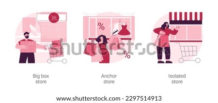 Retail shop abstract concept vector illustration set. Big box, anchor and isolated store, superstore, shopping center, department store, big retailer, fashion outlet, customer abstract metaphor.