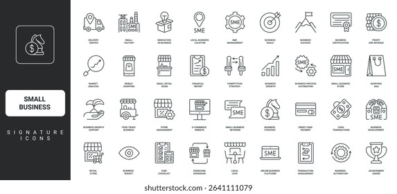 Retail shop building, local market and restaurant location, thin black outline symbols vector illustration. Small business development, franchise, commercial strategy of SME line icon set.