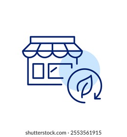 Retail shop and leaf in recycling arrow. Eco-friendly natural products, sustainable shopping and commerce. Green living and zero waste. Pixel perfect, editable stroke icon