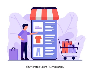 Retail, shop to online. Smartphone app for shopping goods. Man makes purchases via phone online, choosing product. Shopping cart for buyer with clothes and shoes. E-commerce on smartphone. Vector