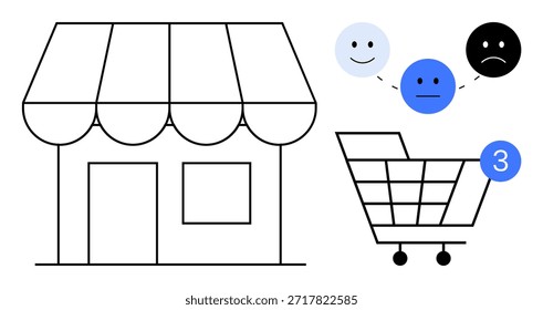 Comercio minorista, experiencia de compra, Comentarios del Cliente, compras en línea, comercio electrónico, comportamiento del consumidor. Un escaparate con íconos de emociones vinculados a un Carrito de compras. Experiencia de venta y compras conceptual