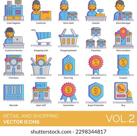 Retail and Shopping Icons Including Appliances, Automobiles, Baked Goods, Barcode, Best Price, Beverages, Book Store, Buy, Buyer Protection, Cash Register, Cashier, Catalog, Charity Store, Checkout