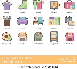 Retail and Shopping Icons Including Cart, Appliances, Automobiles, Baked Goods, Barcode, Best Price, Beverages, Book Store, Buy, Buyer Protection, Cash Register, Cashier, Catalog, Charity Store