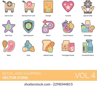 Retail and Shopping Icons Including Cart, Appliances, Automobiles, Baked Goods, Barcode, Best Price, Beverages, Book Store, Buy, Buyer Protection, Cash Register, Cashier, Catalog, Charity Store