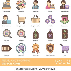 Retail and Shopping Icons Including Cart, Appliances, Automobiles, Baked Goods, Barcode, Best Price, Beverages, Book Store, Buy, Buyer Protection, Cash Register, Cashier, Catalog, Charity Store