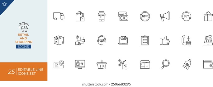 Retail And Shopping Line Icon Set - stock illustration.