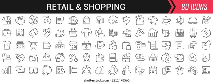 Retail and shopping linear icons in black. Big UI icons collection in a flat design. Thin outline signs pack. Big set of icons for design