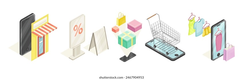 Retail Shopping and Purchase Object Isometric Vector Set