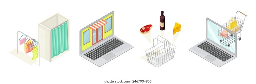 Einzelhandel Einkaufs- und Kaufobjekt isometrische Vektorgrafik Set