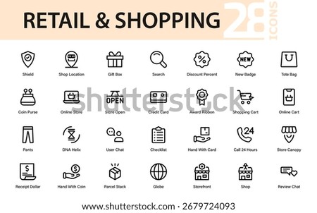 Retail shopping store professional line icon collection. Minimal modern vector pack with premium cash register, tag, basket, and money illustrations
