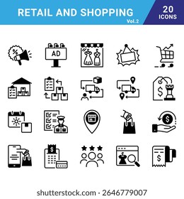 Retail and shopping vector icon set for commercial use.