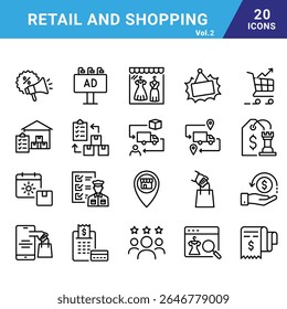 Retail and shopping vector icon set for commercial use.