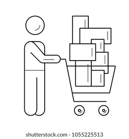 Icono de línea vectorial de compras minoristas aislado en fondo blanco. Hombre haciendo un icono de línea de compras para infografía, sitio web o aplicación.