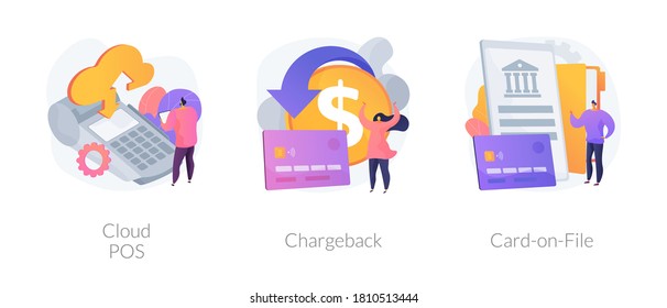 Retail software abstract concept vector illustration set. Cloud POS, chargeback, card-on-File, sale and transaction data storage, bank account, consumer credentials, reward abstract metaphor.