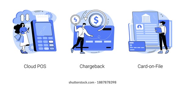 Retail Software Abstract Concept Vector Illustration Set. Cloud POS, Chargeback, Card-on-file, Sale And Transaction Data Storage, Pay Back, Bank Account, Money Transfer, Purchase Abstract Metaphor.