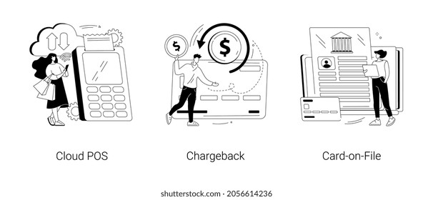 Retail software abstract concept vector illustration set. Cloud POS, chargeback, card-on-file, sale and transaction data storage, pay back, bank account, money transfer, purchase abstract metaphor.