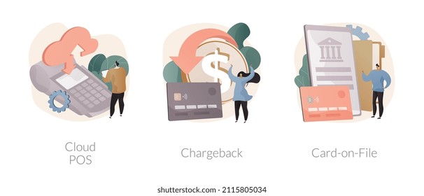 Retail Software Abstract Concept Vector Illustration Set. Cloud POS, Chargeback, Card-on-File, Sale And Transaction Data Storage, Bank Account, Consumer Credentials, Reward Abstract Metaphor.