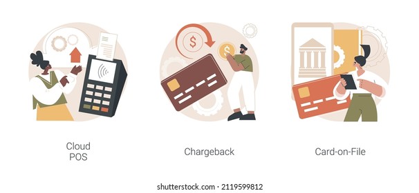 Retail Software Abstract Concept Vector Illustration Set. Cloud POS, Chargeback, Card-on-File, Sale And Transaction Data Storage, Bank Account, Consumer Credentials, Reward Abstract Metaphor.