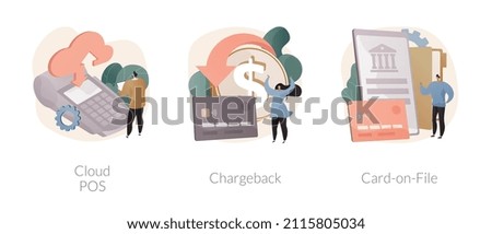 Vector Retail software abstract concept vector illustration set. Cloud POS, chargeback, card-on-File, sale and transaction data storage, bank account, consumer credentials, reward abstract metaphor.